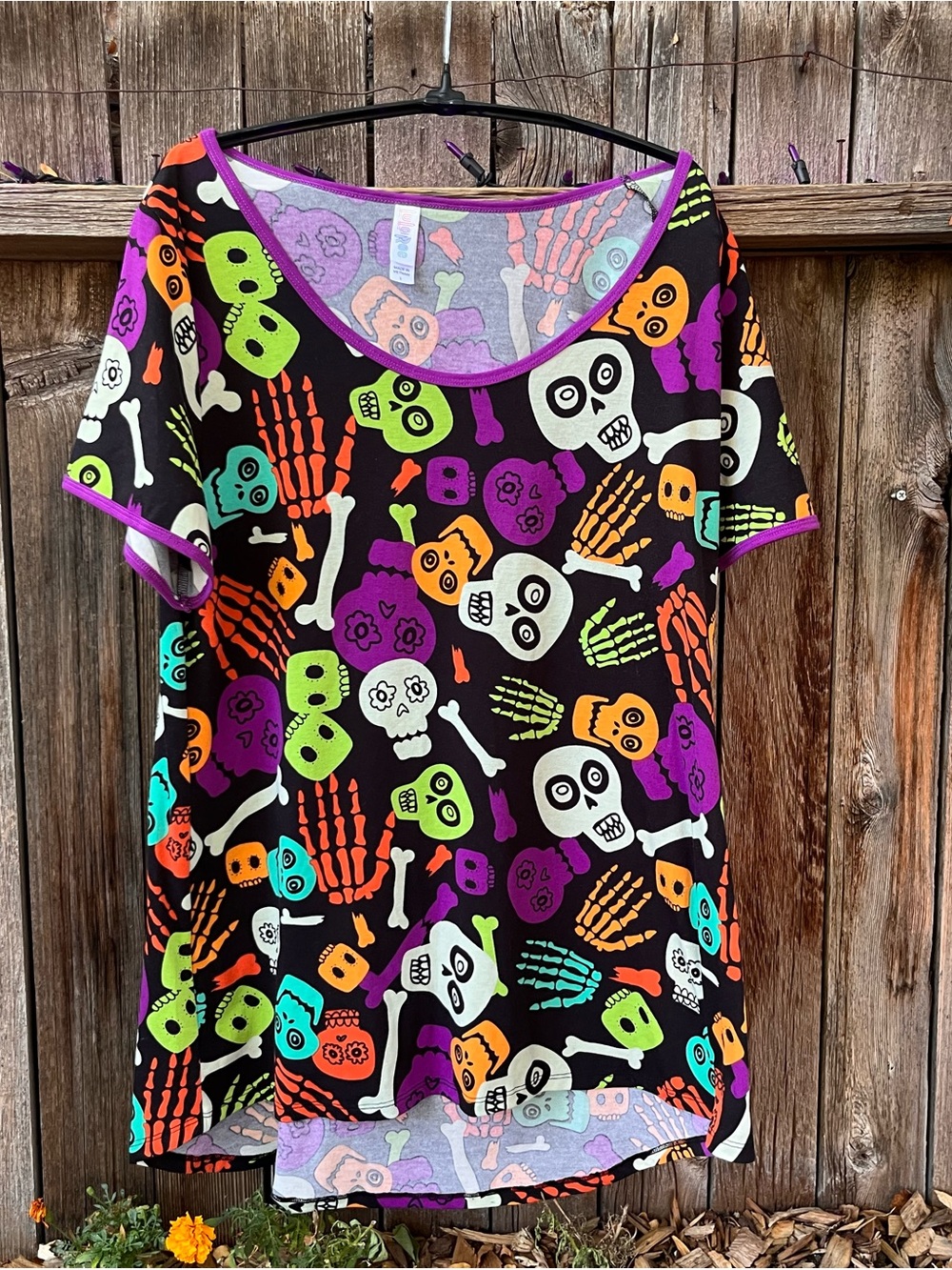 Black Halloween Skull & Bones Tee with Neon Accents | Dia de Los Muertos 💀 - Picture 5 of 5
